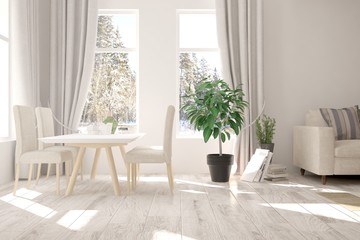 White dinner room with winter landscape in window. Scandinavian interior design. 3D illustration