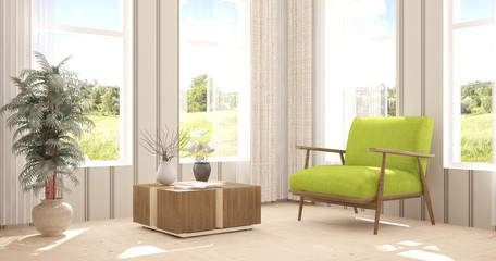 White room with armchair and green landscape in window. Scandinavian interior design. 3D illustration