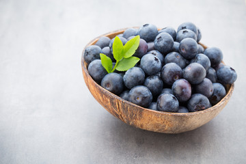 Fresh blueberries natural coconut in a bowl on a gray background.