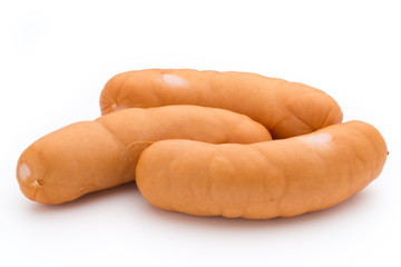 Sausage and spices isolated on white background, fresh delicious frankfurter.