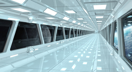 Spaceship corridor with view on the planet Earth 3D rendering elements of this image furnished by...