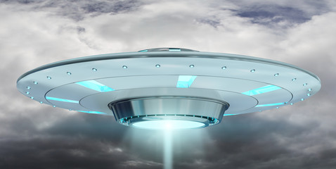 Fototapeta na wymiar Vintage UFO flying on cloudy sky 3D rendering