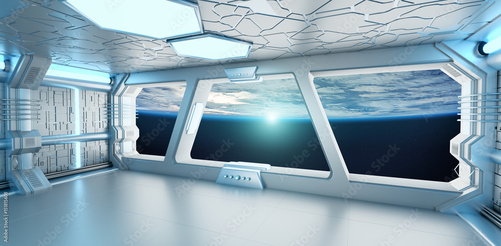 Poster spaceship interior with view on the planet earth 3d rendering elements of this image furnished by na