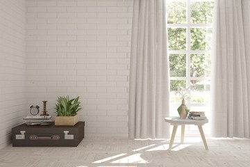 White empty room with green landscape in window. Scandinavian interior design. 3D illustration