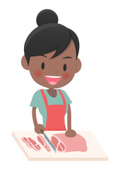 料理をする主婦　肉を切る