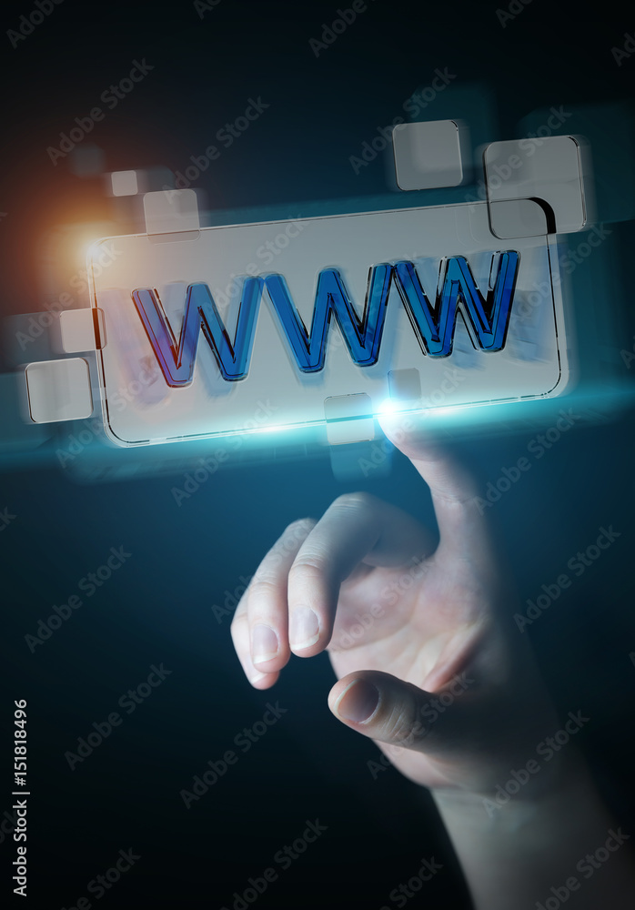 Poster businesswoman surfing on internet using tactile web address bar 3d rendering