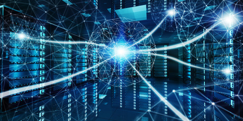Abstract network on server room data center 3D rendering