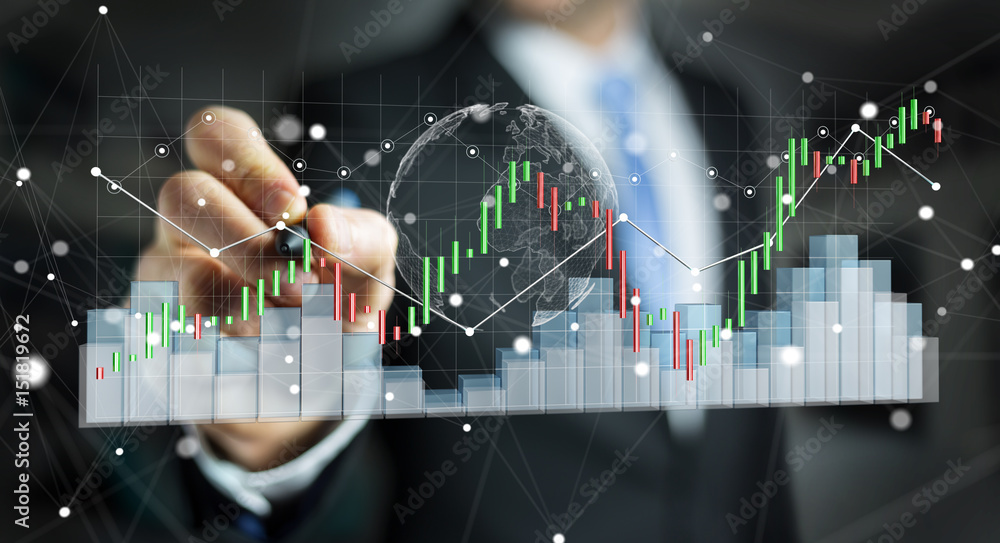 Aufkleber Businessman using digital 3D rendered stock exchange stats and charts