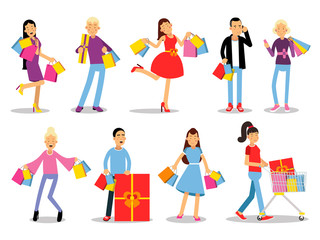 Shopping people vector concepts. Flat design. Collection of smiling women and man characters with gift boxes, paper bags and trolley with goods. Pleasure of purchase. For sales and discounts