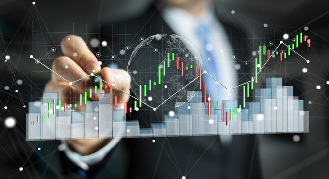 Businessman using digital 3D rendered stock exchange stats and charts