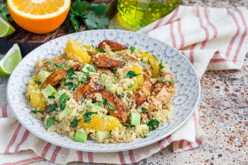 Quinoa, orange and chicken salad tabbouleh, horizontal, copy space