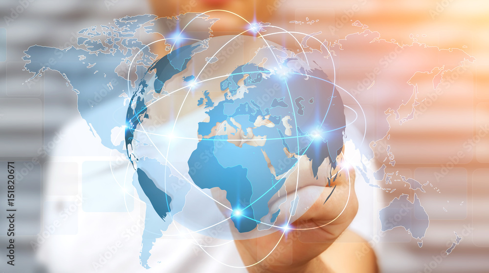 Poster businessman holding global network on planet earth 3d rendering