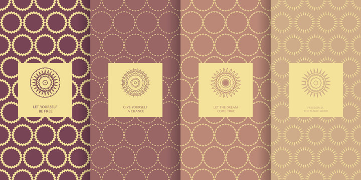 Collection of lilac backgrounds with golden decoration. Set of labels, icons, logos and seamless patterns. Templates with luxury foil for packaging.