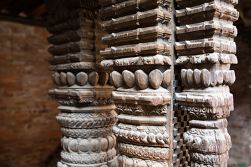 Architectural detail of ancient Patan royal court following earth quake. Kathmandu, Nepal.