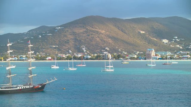 Philipsburg St. Maarten Tropical Harbour Landscape at Great Bay with Anchored Sailboats in Exotic Blue Water and a Mountainous Island Background