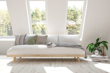 White room with sofa and green landscape in window. Scandinavian interior design. 3D illustration