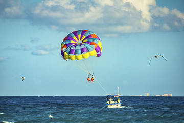 Parasailing. Playa del Carmen beach in Mexico