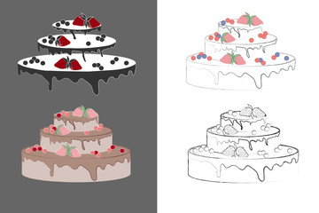 Big wedding or birthday cake with fruit and berries. Dense chocolate drains over the pie.