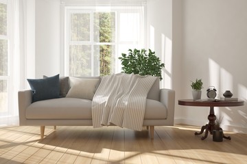 White room with sofa and green landscape in window. Scandinavian interior design. 3D illustration