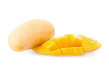 Mango fruit and mango cubes on the white background