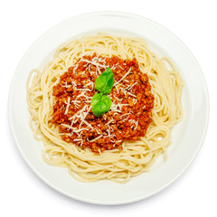 Spaghetti bolognese on a white plate