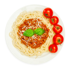 Spaghetti bolognese on a white plate