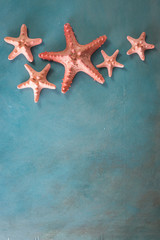 Fototapeta na wymiar Summer time sea vacation background with star fish, marine rope on dark blue background