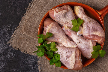 Raw chicken legs, top view.