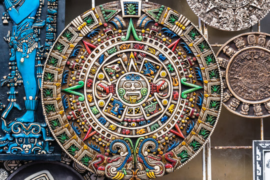 Mayan calendar carving with colors