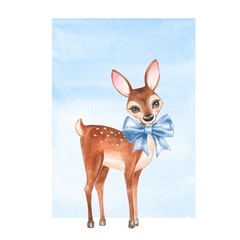 Baby Deer. Hand drawn cute fawn with a bow. Cartoon illustration