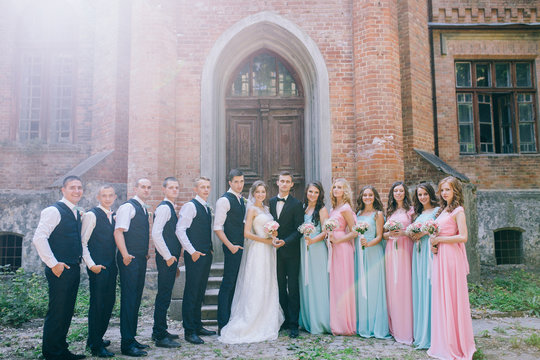 The Beautiful Wedding Couple With Bridesmaids And Groomsmen