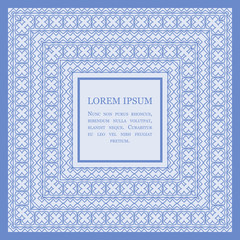 Decorative square pattern with place for text. Design template for packaging, fashion, greetings, cover, wedding etc. vector illustration in blue color.