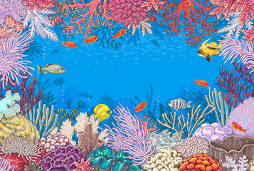Naklejka premium Podwodne tło z koralowcami i rybami