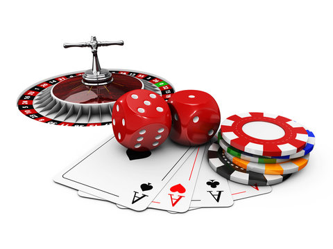 3d Illustration of Casino background with dice, cards, roulette and chips.