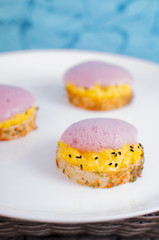 Molecular Gastronomy. Toasts stuffed with eggs and lecithin foam