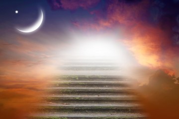 Ramadan background . half moon at sunset . Way to heaven . Sunset and new moon .  Sacred month for...