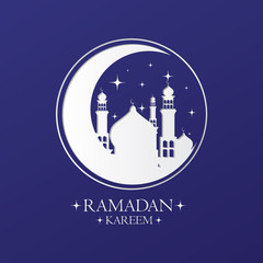 White Crescent with Mosques and Stars on Blue Background Vector Design. Ramadan Kareem Greeting Illustration. Eid Celebration