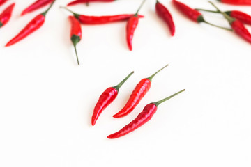 red hot chili peppers, popular spices concept - closeup on few clean and fresh pods of red chili peppers on white background, green tails, collage of freely lying peppers, selective focus