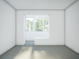 Empty room with white walls and gray cement floor. Renovation Concept. White Stucco Concrete Wall and Gray Floor Copy Space Background. 3d rendering