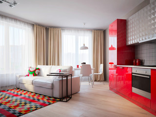 Modern Urban Contemporary Scandinavian Studio open living room, dining room and kitchen Interior Design with beige walls, white furniture and white and red glossy kitchen. 3d render