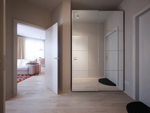 Modern Urban Contemporary Scandinavian hallway interior design with beige walls, white doors and large mirror wardrobe. 3d render