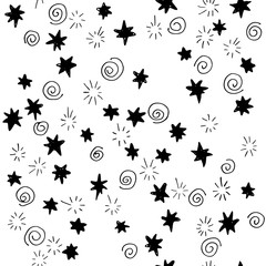Dynamic background with hand drawn stars and spirals. Seamless vector pattern.