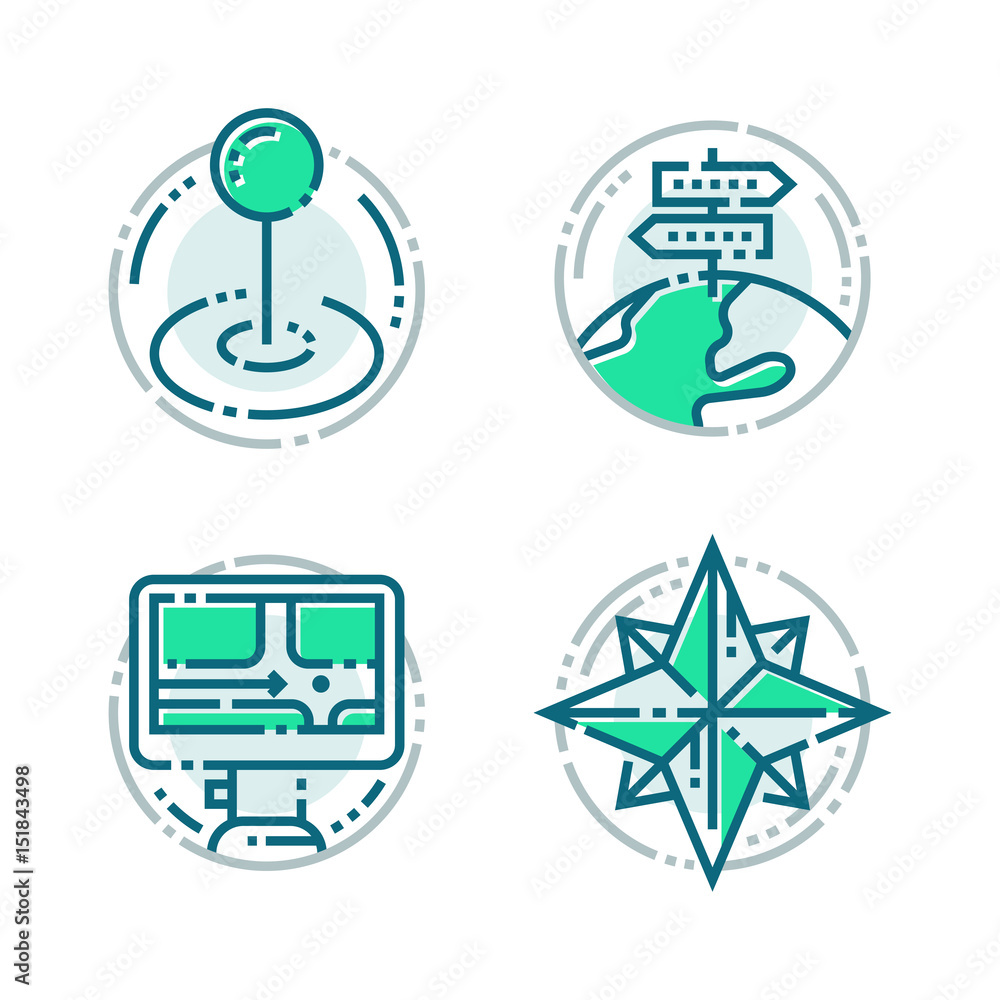 Poster navigation direction maps sign traffic and more thin line icons set vector illustration