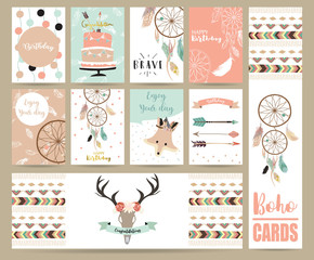 cute cards for banners,Flyers,Placards with feather,fox,cake,wild and arrow in boho style © piixypeach