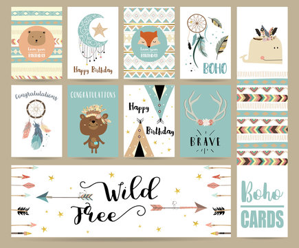 cute cards for banners,Flyers,Placards with feather,fox,bear,whale,wild and arrow in boho style