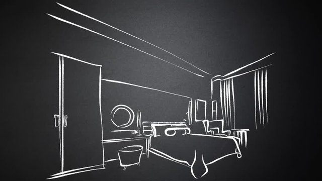 Modern Hotel Room Kig Size Bed Animated Drawing on Chalkboard