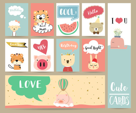 Pink blue pink collection for banners,Placards with pig,sheep,watercolor,bear,tiger,rabbit,balloon and whale