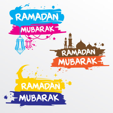 Brush Stroke Ramadan Mubarak Set. Colorful Vector Design.