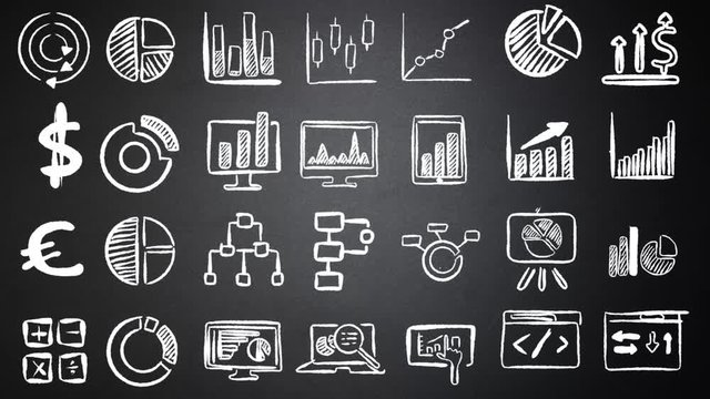 Business Charts Icons Animated Drawing on Chalkboard