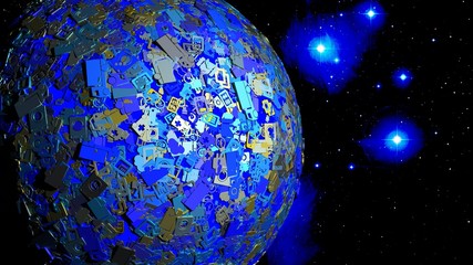 Globe in space covert with shiny IOT icons and symbols